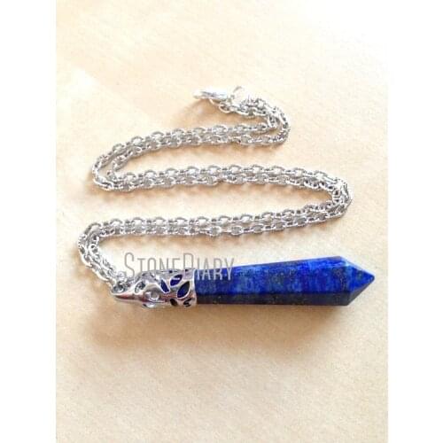 H-QN28 Chakra, Reiki, Healing, Spiritual Lapis Stone Necklace,Crystal Point Pendulum Necklace