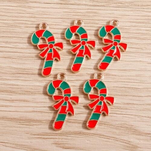10pcs 14*23mm Bowknot Charms Enamel Christmas Crutch Charms Pendants for Making Necklaces Earrings Keychain DIY Jewelry Findings