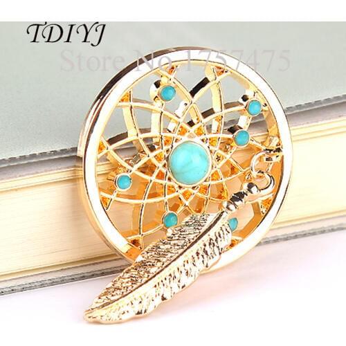 TDIYJ 2Pcs Newest 33mm Gold Dream Catcher Coin Disc with Crystals for Stainless Steel Frame Pendant Necklace