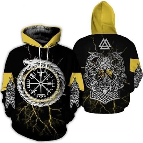 Unisex Vikings Tattoo Viking Warriors Yellow Fashion Harajuku 3D Print Hooded Polyester Jacket Women Men Cltothes