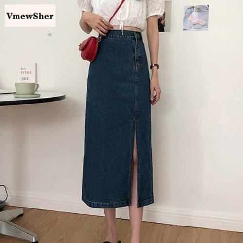 VmewSher New Spring Irregular Split Hem Women Denim Skirts Mid-calf Long Dark Blue Autumn Chic Lady Elegant Solid Jean Skirt