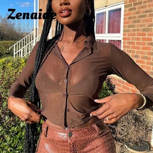 Zenaide Long Sleeve T Shirt Women See Through Button Up Streetwear Sexy Slim Fashion Ladies Crop Brown Mesh Tops