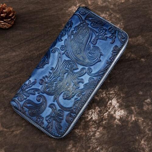 Women Zipper Purse Handy Bag Multi-Card Holder Embossed Female Money Coin Pocket Retro Bifold Genuine Leather Clutch Long Wallet