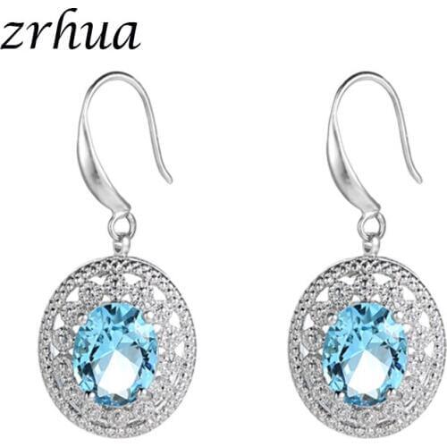 ZRHUA Hot Sale Blue Stone Silver Color Drop Earrings Top Quality Cubic Zirconia Dangle Earrings for Engagement Jewelry Gift