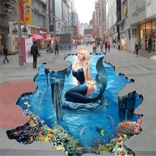 Beibehang floor painted to the beach mermaid underwater world 3D wallpaper floor waterproof wear-resistant home decoration