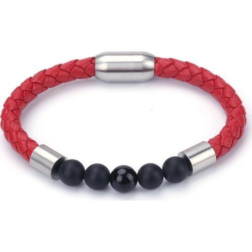 Black Onyx Blue Lapis Lazuli Stone Beads Stainless Steel Charm Real Red Leather Magnet Lock Unisex Bracelet Bangle