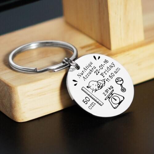 Custom Baby Round Keychains Stainless Steel Birth Memorial Keyrings Engraved Llavero Stainless Steel Key Chain Jewelry Baby Gift