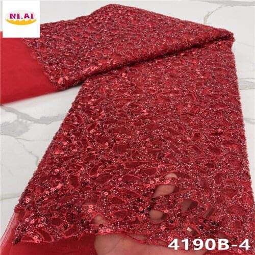 Elegant Red Africa Handmad Beaded Tissue Lace Fabric Embroidered Sequin African French Net Lace Fabric For Woman Dress NA4190B-1