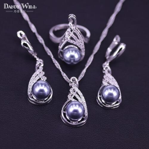 Hot Selling 925 Silver Gray Natural Pearl Costume Jewelry Sets Earrings Pendant Necklace Ring For Women