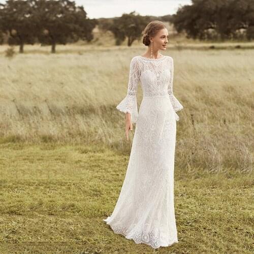 Exquisite On Sale Lace Backless Bridal Wedding Gowns Jewel Neck with Trumpet Sleeves Wedding Dresses for Bride Sweep Train 2021