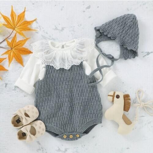 Baby Boys Girls Bodysuit 2021 Autumn Fall Infant Sleeveless Solid Color Rompers Knitted Jumpsuit+Hat Kids Outfits
