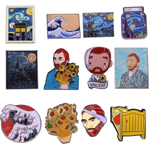 K1962 1 PCS Van Gogh Sun flower Art Metal Enamel Pins and Brooches for Lapel Pin Backpack Bags Badge Collection Gifts