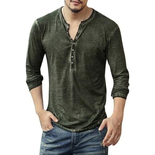 Men Tee Shirt V-neck Long Sleeve Tee&Tops Stylish Buttons T-shirt 2020 Autumn Casual Henley shirt Solid Male Clothing 5XL