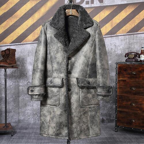2019 New Mens Gray B3 Shearling Jacket Sheepskin Coat Long Fur Coat Thick Fur Jacket Mens Winter Coats