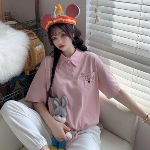 New college style cute embroidery cat POLO collar short-sleeved t-shirt womens mid-length solid color top
