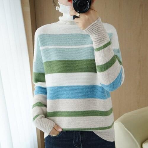 2020 autumn and winter new high-neck striped wool sweater women loose cashmere sweater bottoming knit sweater sweater