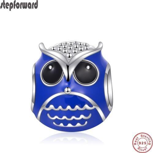 New Arrival 925 Sterling Silver Lovely Owl Charm Cute Blue Enamel Fit Bracelet And Necklace Lucky Beads DIY Jewelry Accessories