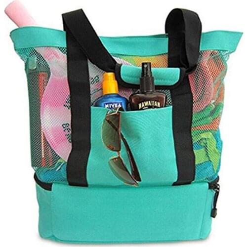 Portable Picnic Bag Mesh Double Layer Mesh Sport Bag Thermal Cooler Compartment Beach Tote Camping Bag Outdoor Travel Food Bags