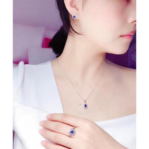 Best Gift Real Natural Sapphire jewelry set Natural Real Sapphire 925 sterling silver 1pc pendant,1pc ring,2pcs Earring