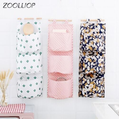Flamingo Pattern Cotton Linen Hanging Storage Bag 3 Pockets Wall Mounted Wardrobe Hang Bag Wall Pouch Cosmetic Toys Organizer