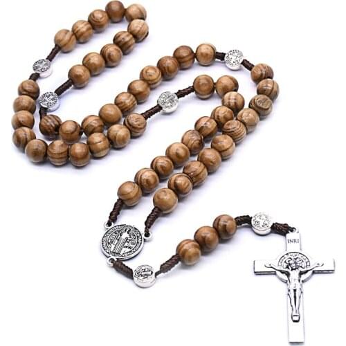 Handmade Round Bead Rosary Necklace Men Cross Jesus Pendant Catholic Religious HX6D