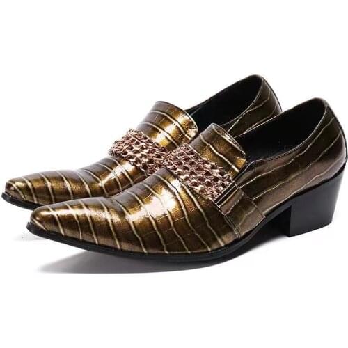 Autumn Mens High Heels Loafers For Wedding Party Oxford Casual Dance Golden Genuine Leather Slip On Mens Dress Shoes Business