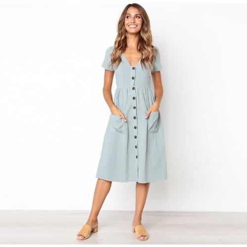 Newest Women Casual A Line Dress Sexy V Neck Solid Polyester Summer Dresses Women Knee Length Dress Pockets Elegant Beach Dress