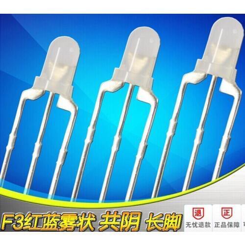 1000PCS LED lamp beads line, 3MM / F3 red and blue double flash, fog, common cathode, long-legged, three-legged color led lights