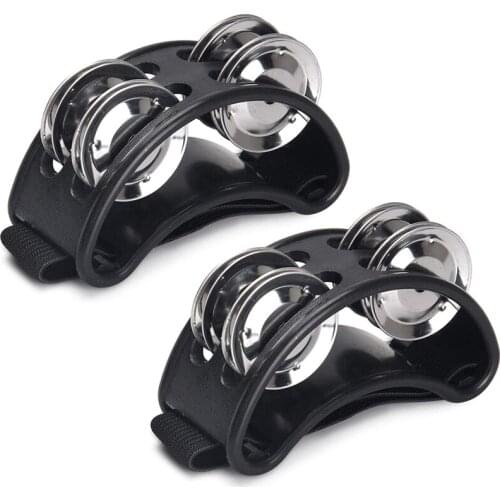 2PCS Foot Tambourine, Percussion Musical Instrument Bells with 4 Paris of Metal Jingle Bells & Adjustable Strap,Black