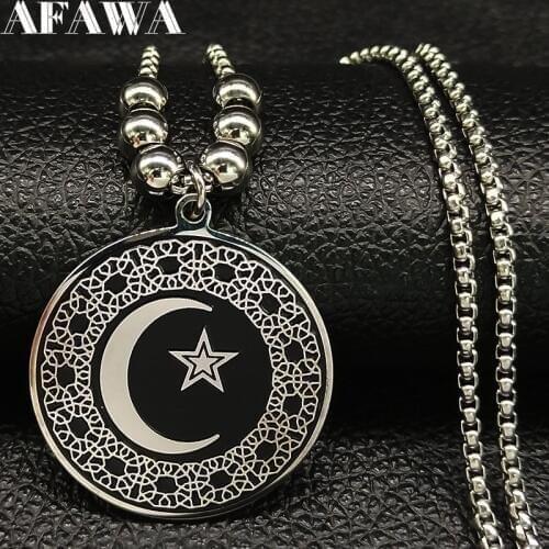 2021 Bead Long Stainless Steel Statement Necklace for Women Muslim Islam Moon Star Black Necklaces Jewelry collier femme N1855