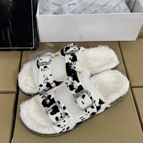 2021 New Winter Slides Fashion Cork Fur Outdoor Slipper Women Square Buckle Platform Furry Outdside Keep Warm Slides Shoes