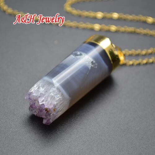 5pcs Natural Purple Color Brazilian Drusy Crystal Cylinder Pendant Gold Color 18'' Chain Necklace for Men and Women