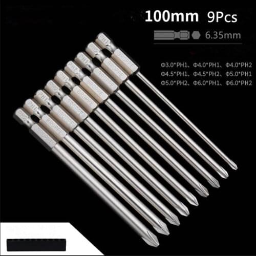 Broppe 9Pcs 100mm S2 Alloy Steel Magnetic Long Hex Cross Head Electric Screwdriver Bits 1/4 Inch Hex Shank