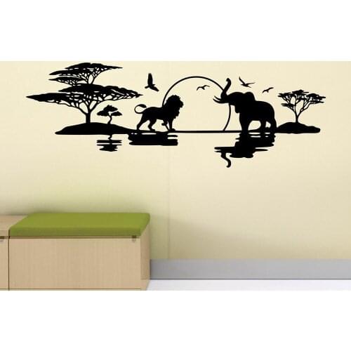 Africa Safari Wall Decal Wild Animals Lion Decal Palm Tree Elephant Wall Sticker Nursery Poster Vinyl Nature Wall Decor X464