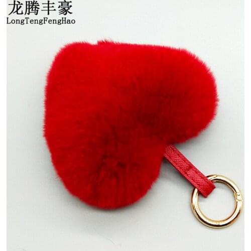 Heart Design Real Rex Rabbit Fur Key Chains 100% Natural Solid Color Fur Key Ring Cute Pompom Backpack Pendant Key Chain Holder