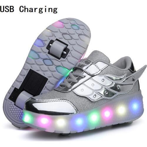 Children One Two Wheels Luminous Glowing Sneakers Gold Pink Led Light Roller Skate Shoes Kids Led Shoes Boys Girls USB Charging