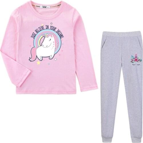 Aimi lakana kids long sleeved costume unicorn pony baby girls tshirt pant 2pc sets spring cotton clothes girl suit