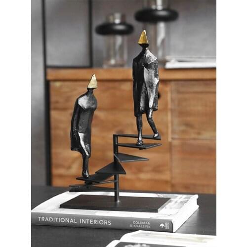 Two Abstract Cast Iron Figures Standing On The Spiral Staircase Sculpture Figurines Craft Ornament Hotel Home Decor Accessories