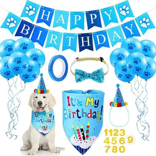 Fowecelt Cute Pet Birthday Party Decor Set Cat Dog Scarf Hat Collar Banner Balloon Accessories for DIY Pet Party Supplies