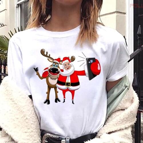 FIXSYS Female Funny Santa Claus Reindeer Graphics Tshirts New Merry Christmas Women T Shirt Girls Casual Short Sleeve Tops