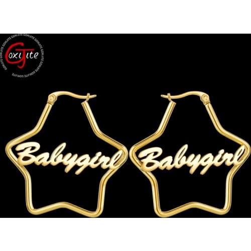Goxijite Personalized Name Hoop Earring For Women Stainless Steel Custom Letter Nameplate Star Earrings Jewelry Gift