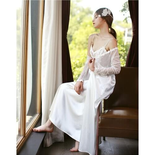 Sexy Lace Silk Satin Wedding Bride Bridesmaid Robe Embrodirey Floral Bathrobe Transparent Dressing Gown For Women Night Robe