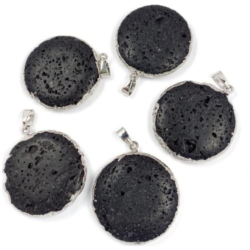 Natural Stone Black Lava Stone Pendant Plated Round ShapePendant For Handmade Jewelry Making DIY Necklace Accessories