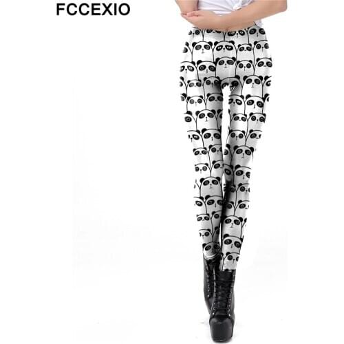 FCCEXIO Black White Panda Women Leggings Fashion Cute Printed Workout Pants Slim Elastic Mid Waist Leggin Fitness Pants
