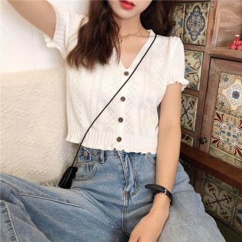 Summer Korean Retro Beige V-neck Versatile Short Top Hollow Thin Knitwear T-shirt Women