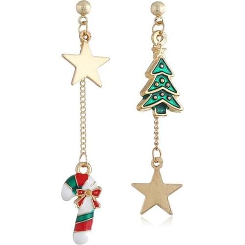 Hot Creative Christmas Earring Stylish Christmas Tree Asymmetric Pentagram Letter Earrings Crutch Candy Jewelry for Gift