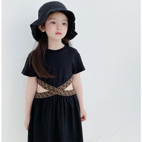 Fashion Black Show Waist Girl Dresses Childrens Clothing 2021 Summer Short Sleeve Girls Dress