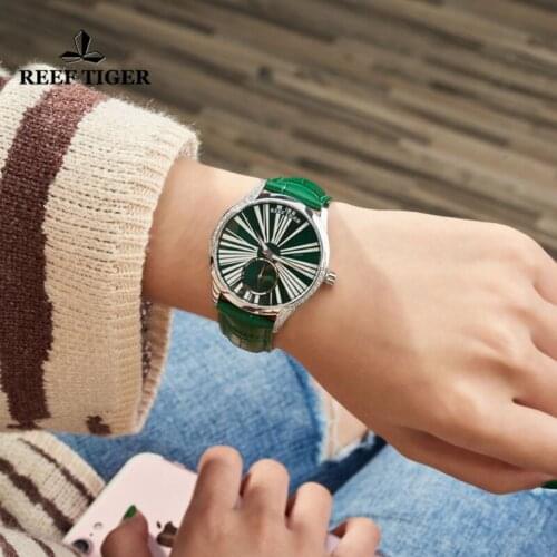 Reef Tiger/RT Fashion Women Watch Sapphire Glass Waterproof Automatic Mechanical Watches Green Leather Strap Diamond Watch