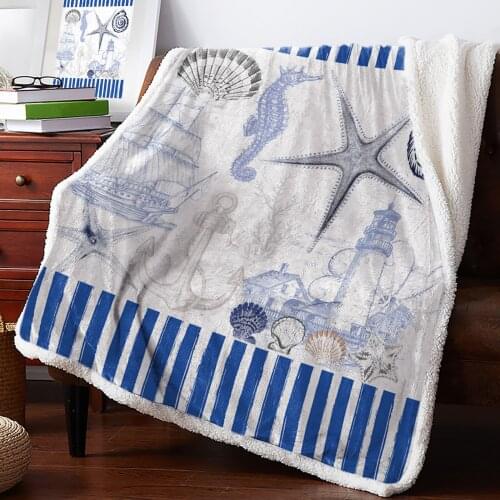 Marine Stripes Ocean Lighthouse Anchor Throw Blanket Soft Fleece Blankets Winter Blanket Portable Picnic Blankets Bedclothes