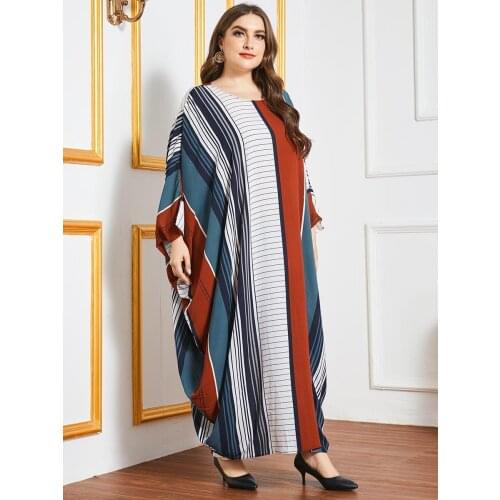 Muslim Fashion Muslim Women Dress Oversized Loose Stripe Printing Bat Long Sleeve Robe Plus Size Dubai Abaya Turkey Long Dresses